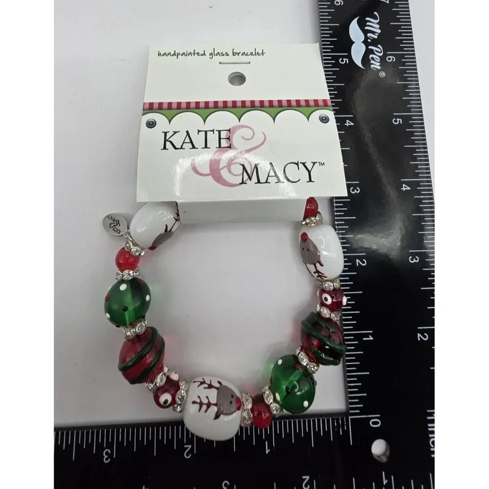 Kate & Macy Bracelet Glass Beads Christmas-Themed Hand Painted Stretch NEW‎